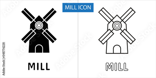 Black mill icon set. Government building, flat vector