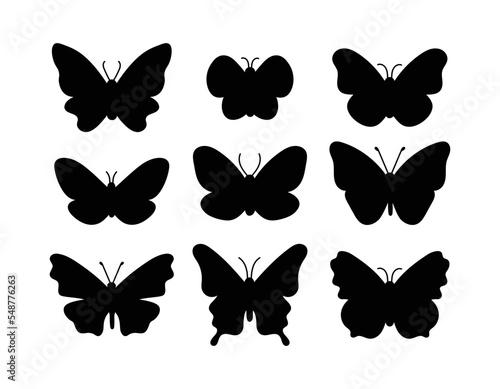 Butterflies black silhouettes set. Vector collection of beautiful insects isolated. Differenet butterflies on white background. Design elements photo
