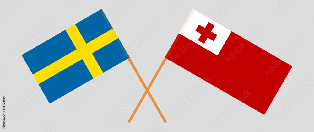 Crossed flags of Sweden and Tonga. Official colors. Correct proportion