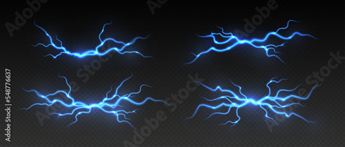 Thunderstorm lightning, thunderbolt strike, realistic electric zipper, energy flash explosion light effect, blue lightning bolt isolated on dark background. Vector illustration.