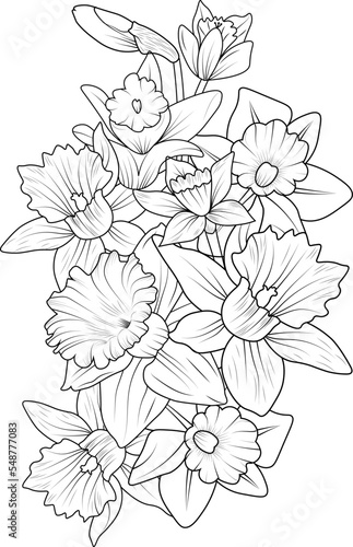 Set of decorative stylized daffodil flower, daffodil flower drawing. Highly detailed vector illustration doodling flowers narcissus and zentangle style, Embellishment tattoo design, coloring pages