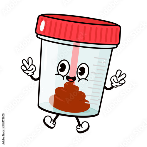 Cute jumping container for analysis feces character. Vector hand drawn traditional cartoon vintage, retro kawaii character icon. Container for analysis character concept