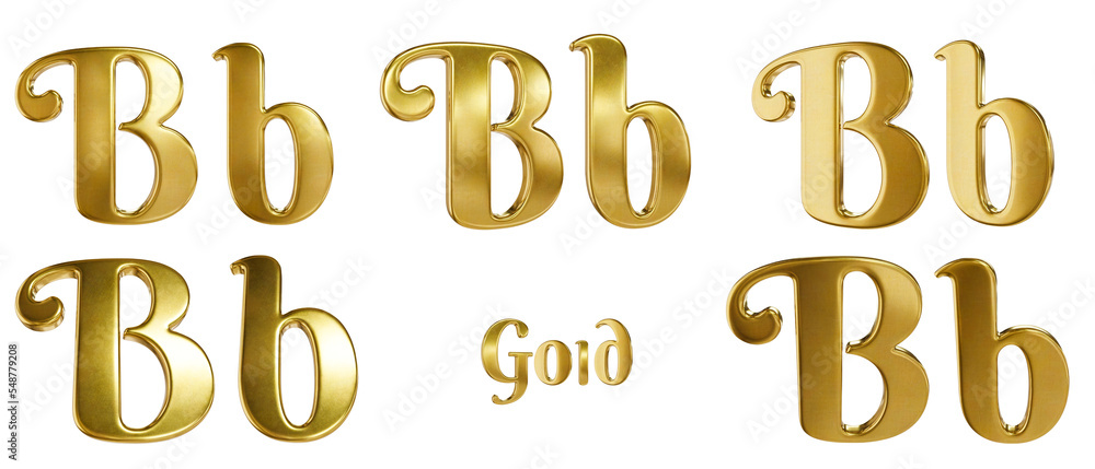 3D alphabet. Golden font with transparent background. Gold. Letter B, b. 5 variants at different angles. 3D alphabet. Golden font with transparent background. Gold. Letter B, b. 5 variants at different angles.