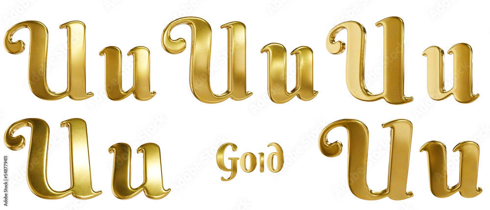 3D alphabet. Golden font with transparent background. Gold. Letter U, u. 5 variants at different angles. 3D alphabet. Golden font with transparent background. Gold. Letter U, u. 5 variants at different angles.