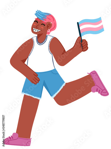 Persona no binaria de piel morena corriendo con una bandera trans