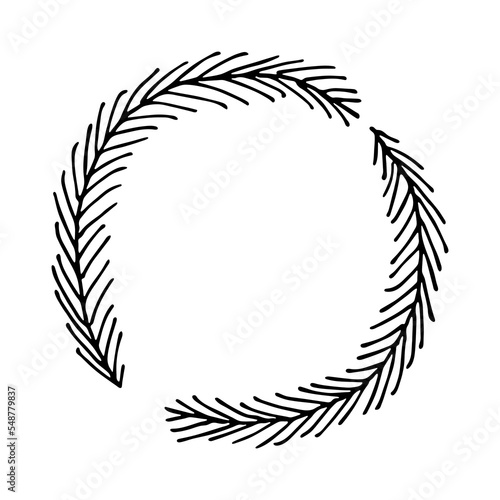 Hand drawn frame of spruce branches. Wreath doodle. Christmas and winter design element