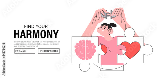 Wellness concept. Body and brain harmony, meditation or healthcare. Female character hold in hands heart and human brain puzzle. Concept of mental and physical health, plug in connection or balance.