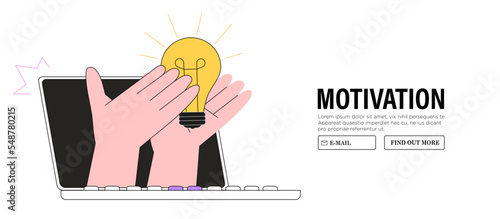 Inspiration idea to inspire or motivate people to success, business innovation or creativity, solution or invention concept. Vector illustration hand hold light bulb banner for business or education.