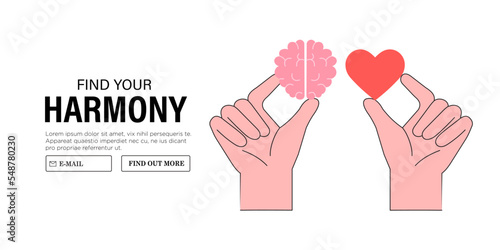 Wellness concept. Body and brain harmony, meditation, exercises or healthcare. Hands hold heart shape and human brain. Concept of mental and physical health, connection or balance.