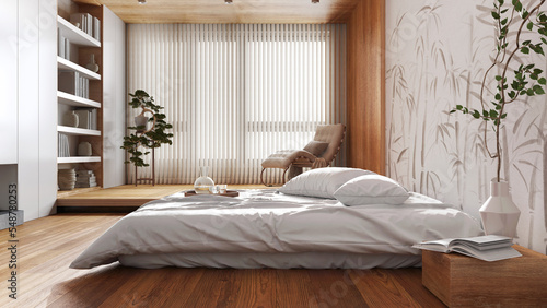 Japandi wooden bedroom in white and beige tones. Bed with pillows and decors. Wallpaper and parquet floor. Minimalist interior design