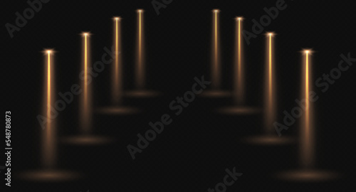 Stage spotlights, realistic light corridor, shiny yellow beams overlay effect for music stage or awards nomination. Interior lights isolated on a dark backgorund. Vector illustration.