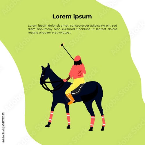 Polo tournament, game flat vector banner template. Competition, contest announcing poster design idea. Boy with horse, male player of polo with sports facilities cartoon character.