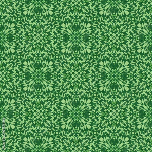 abstract green tracery fabric ethnic seamless pattern background, floral star decoration textile art fashion design.