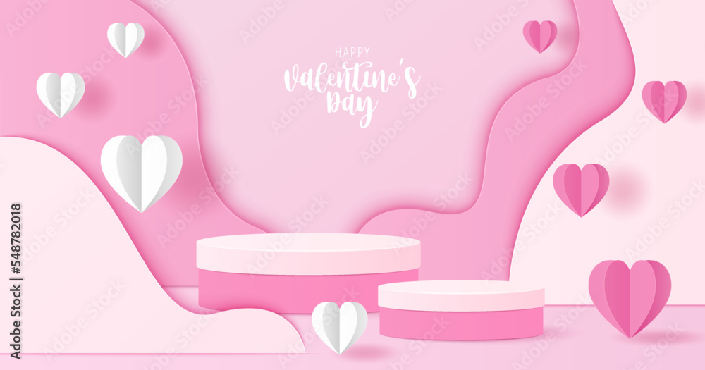 Paper cut of Valentine's Day background with pink cylinder podium for products display presentation.