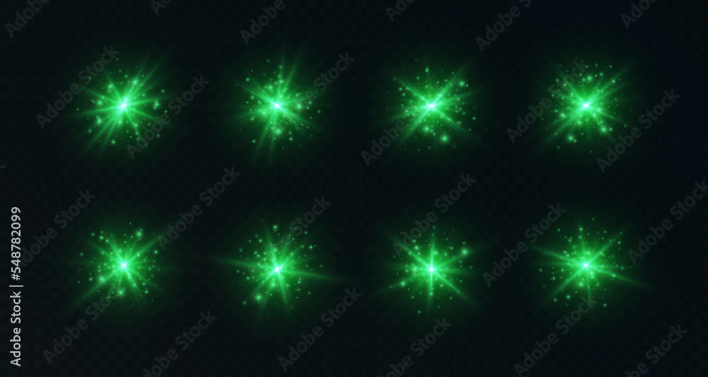 Lens flares with sparkles, green starbursts set, shiny camera flashes. Glowing lasers with particles, transparent overlay glare effect. Magic spark with fairy dust. Vector illustration. Lens flares with sparkles, green starbursts set, shiny camera flashes. Glowing lasers with particles, transparent overlay glare effect. Magic spark with fairy dust. Vector illustration.