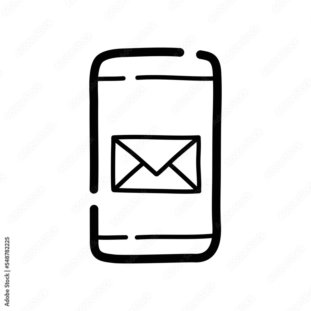 Smartphone with mail on the screen doodle icon. Hand drawn symbol. Vector illustration. Smartphone with mail on the screen doodle icon. Hand drawn symbol. Vector illustration.