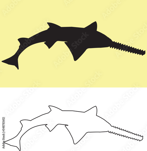 Sawfish or carpenter shark vector silhouette illustration isolated on white background.