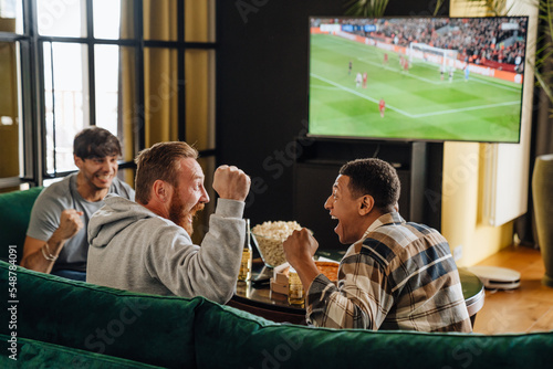 Fototapeta Naklejka Na Ścianę i Meble -  Male friends gesturing as winners while watching football match sitting in front of the TV screen