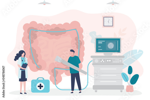 Group of doctors do it colonoscopy procedure in private clinic. Undergo rectum disease screening in hospital. Intestine diagnostic, research and healthcare.