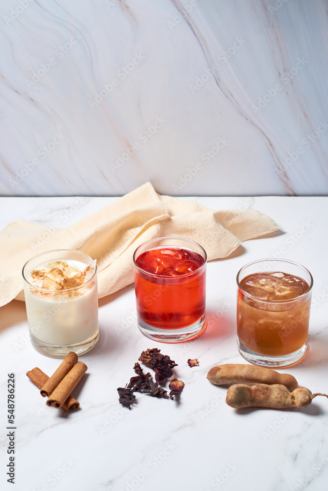 Fototapeta premium Jamaica, horchata and tamarind water cups, traditional from mexico.