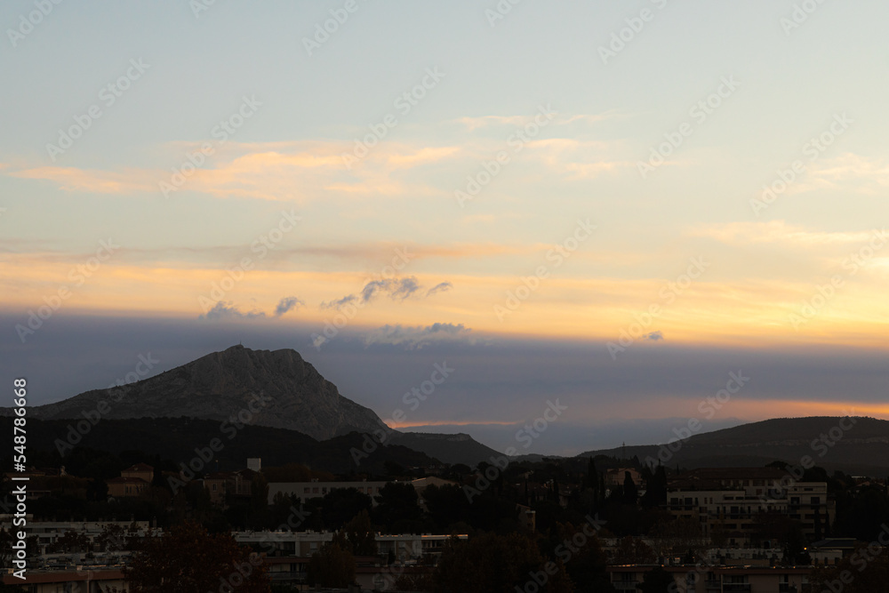 the Sainte Victoire mountain in the light of an autumn morning