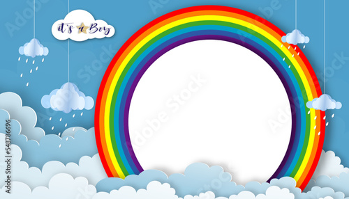 Baby Shower Card on Blue background for Boy,Vector illustration Paper art abstract origami Rainbow,Raining and Cloudscape on Blue sky,Cute paper cut with copy space for baby's photos