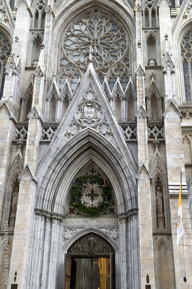 St. Patrick's Cathedral, Catholic cathedral in Midtown Manhattan neighborhood of New York City. Seat of Archbishop of New York as well as parish church. Fragment