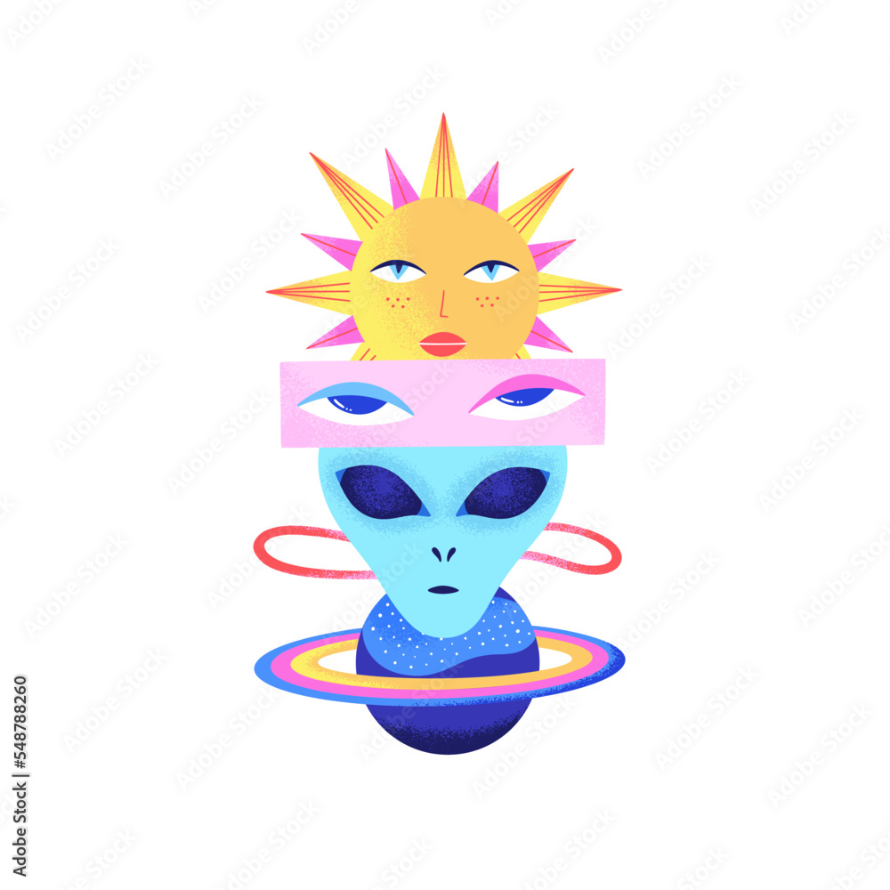 Space psychedelic composition of alien head, planet, sun, woman eyes isolated on white background. Contemporary Art. Cosmic surreal futuristic design. Cover of notebook, poster, print on t-shirt