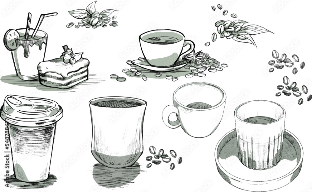 Obraz premium Vector doodle sketch coffee set with coffee beans and dessert