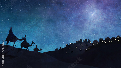 Fotografie, Tablou Three wisemen (also known as the magi)  follow the star of Bethlehem to meet the newborn King, Jesus Christ