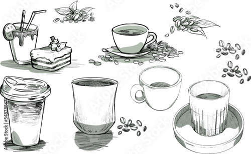 Vector doodle sketch coffee set with coffee beans and dessert © LadyAshlyn