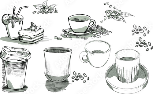 Vector doodle sketch coffee set with coffee beans and dessert