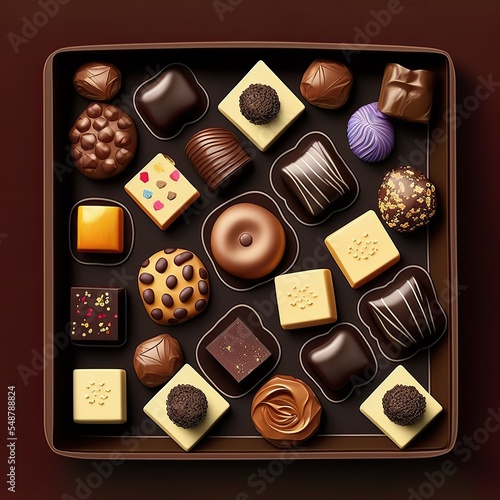 Chocolate truffles and pralines in a box, top view, 3D render style