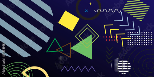 Memphis background, 80s-90s style patterns. Memphis fashion style. Colorful geometric pattern on dark purple