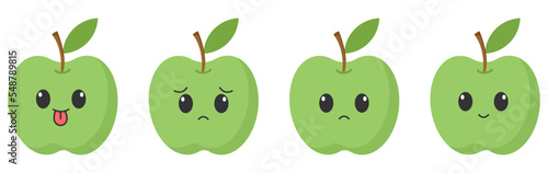 Green apple with kawaii eyes. Flat design vector illustration of green apple
on white background.