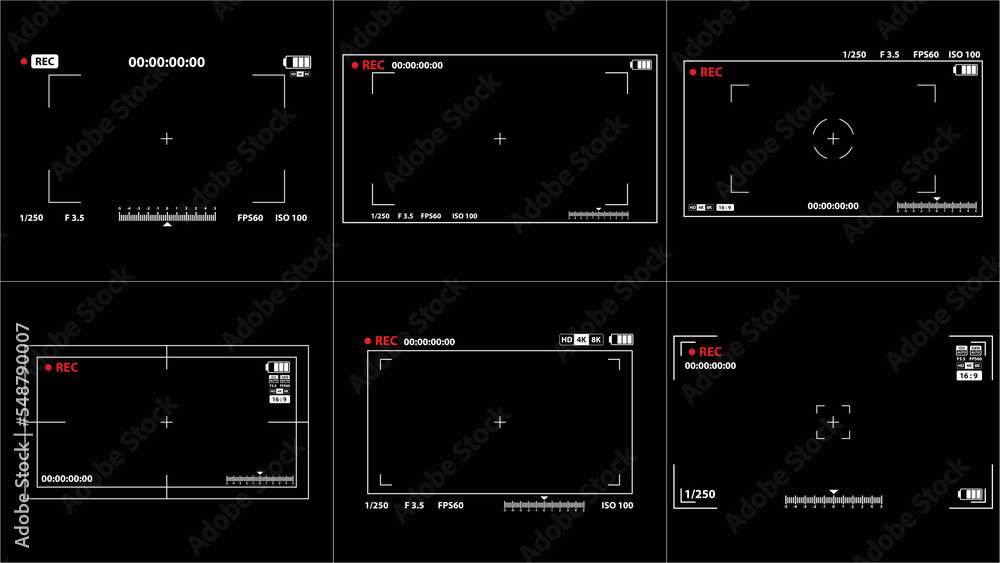 Set of Interface viewfinder digital photo video camera. Widescreen with ui element snapshot mode time indicator. Cam viewfinder screen illustrations. Focusing screen. Set of Interface viewfinder digital photo video camera. Widescreen with ui element snapshot mode time indicator. Cam viewfinder screen illustrations. Focusing screen.