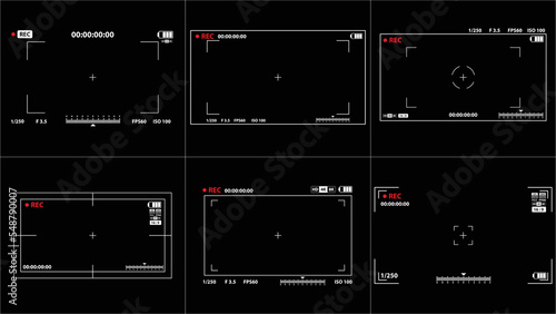 Set of Interface viewfinder digital photo video camera. Widescreen with ui element snapshot mode time indicator. Cam viewfinder screen illustrations. Focusing screen.