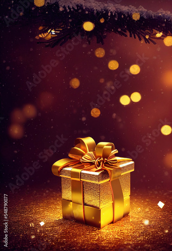 Beautiful Christmas gift box in a snowy festive winter forest,  copy space, gold and glitter, gold ribbons and bows, magic bokeh lights, dreamy, magic atmosphere, New Year and Christmas concept © Aetaer
