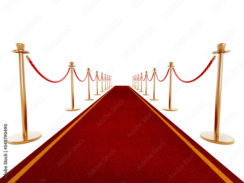 Red carpet and velvet ropes on transparent background. Stock