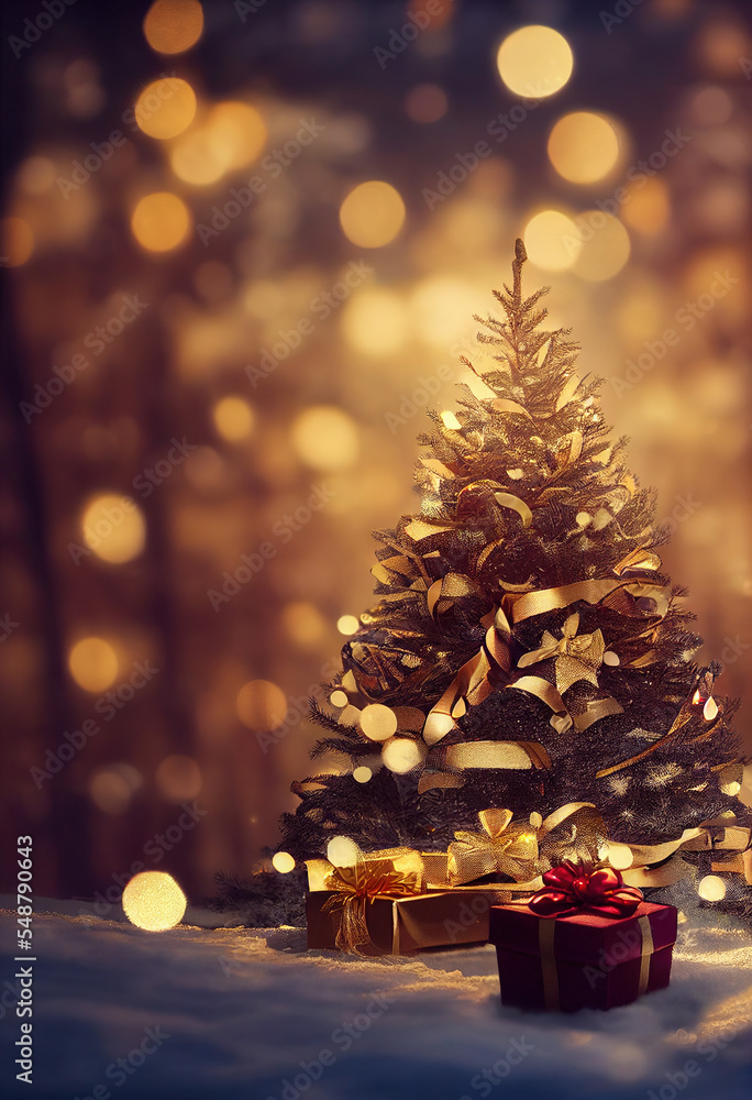 Beautiful Christmas gift box in a snowy festive winter forest,  copy space, gold and glitter, gold ribbons and bows, magic bokeh lights, dreamy, magic atmosphere, New Year and Christmas concept
