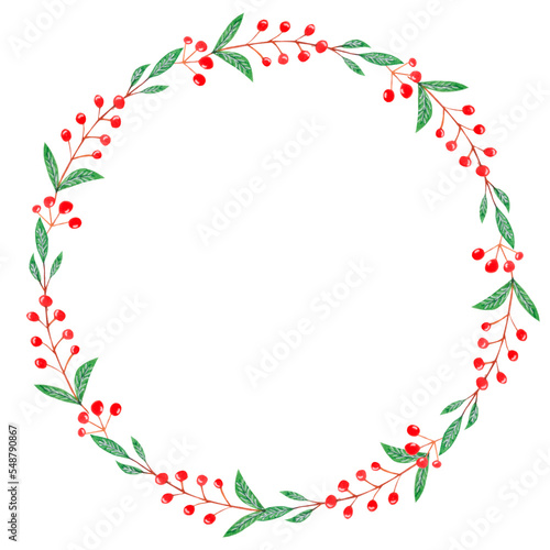 Watercolor wreath with red berries isolated on white background, for greeting, Christmas and New Year products.
