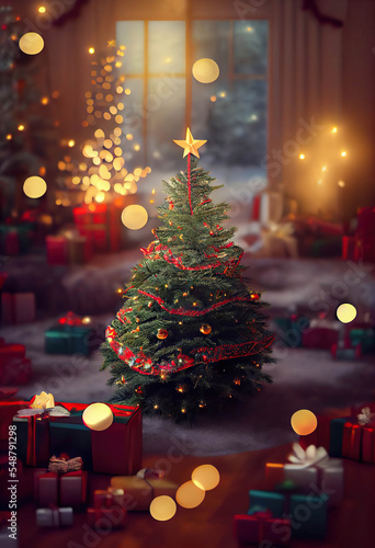 Beautiful decorated little Christmas tree in the centre of the wonderful Christmas interior with presents and magical lights, AI generated image
