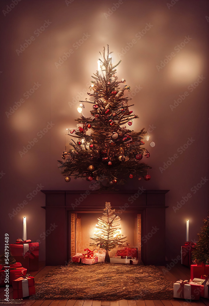 Beautiful little Christmas tree on the fireplace, AI generated image