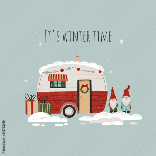 Winter concept with snow-covered trailer with gnome and gifts. Christmas time iluustration for poster, card, print.