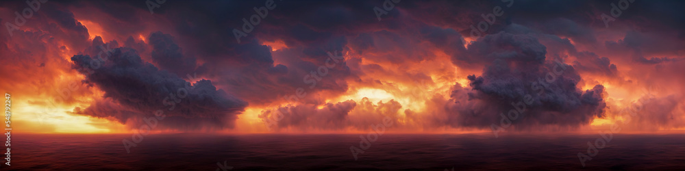 Dramatic red cloudscape, dangerous storm coming from the sea and dusk. panorama format. Generative Ai