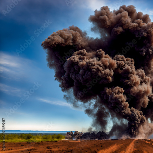 Massive fire explosion or strike in military combat and war. Detonation throwing a lot of smoke and debris into the air.