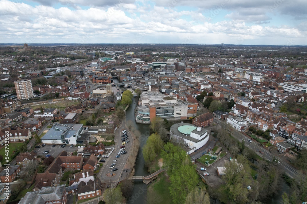 Guildford town centre Surrey UK drone aerial view.