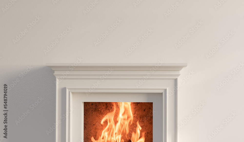 Fototapeta premium Large traditional fireplace with roaring fire. Empty mantle piece mockup shelf. 3D Rendering