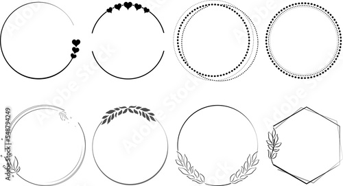  group of frames or circular shapes decorated with plant leaves or small heart