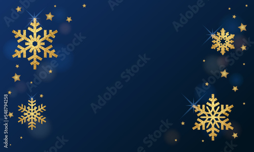 Christmas vector art background with gold and blue snowflakes and blue backdrop for cards. Holiday winter luxury template for cover design, flyer, poster, banner. Merry Christmas! Happy New Year!